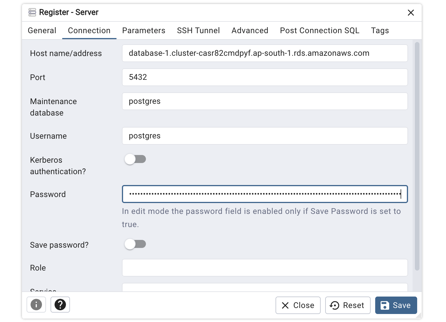 Dialog koneksi pgAdmin dengan detail server.