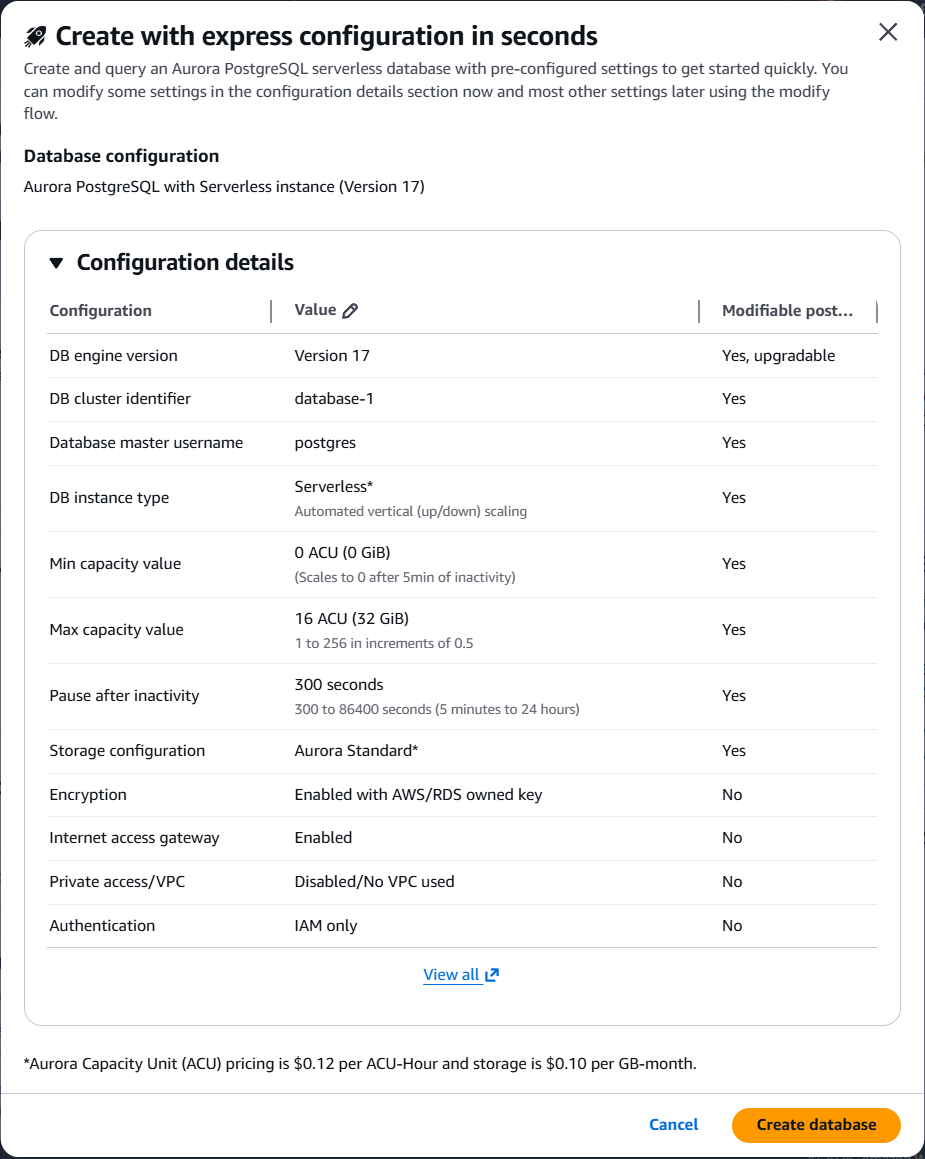 Dialog Buat dengan konfigurasi ekspres yang menunjukkan pengaturan yang telah dikonfigurasi sebelumnya.