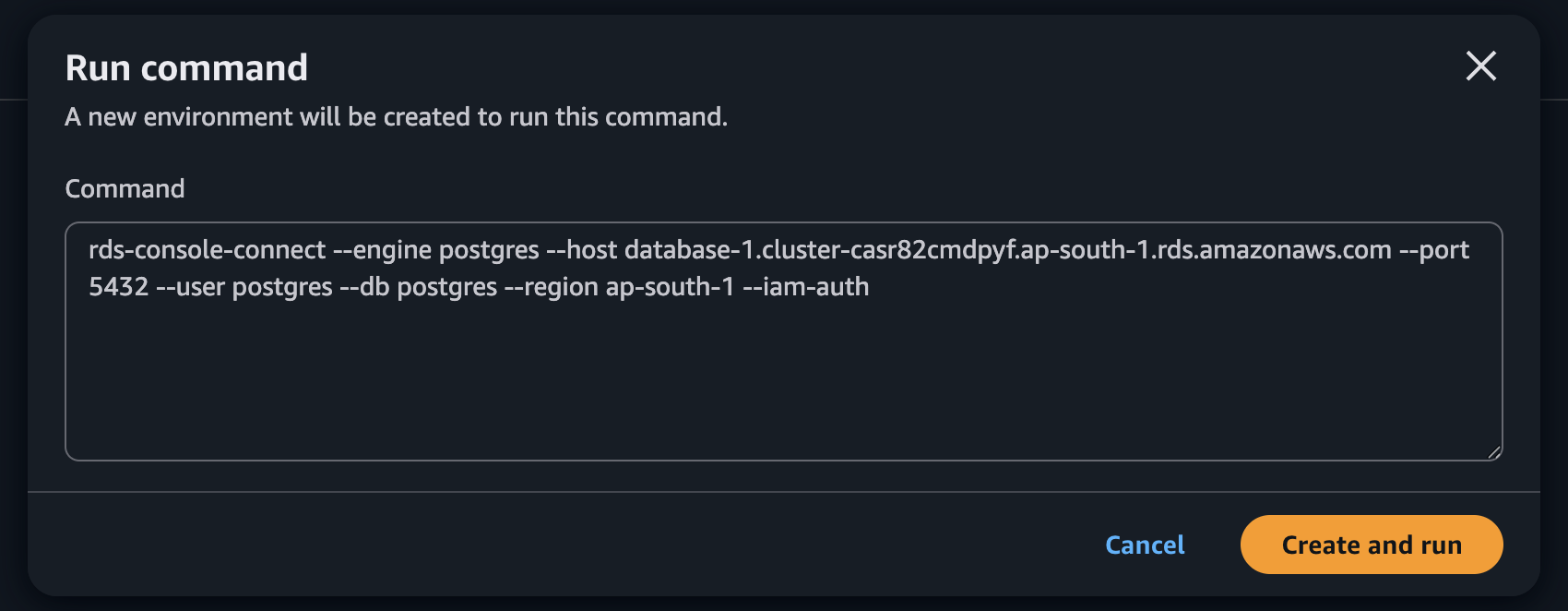 Jendela CloudShell prompt dengan perintah koneksi yang sudah terisi sebelumnya.