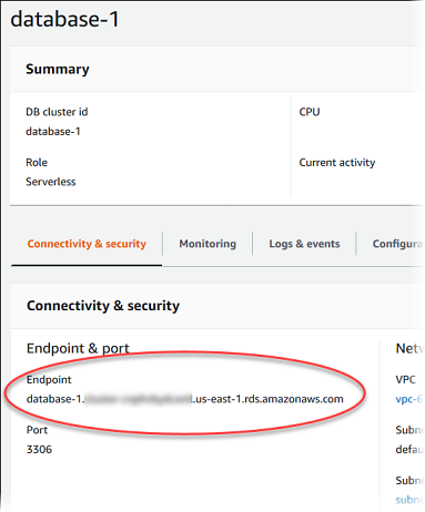 Melihat Aurora Serverless v1 titik akhir basis data klaster DB