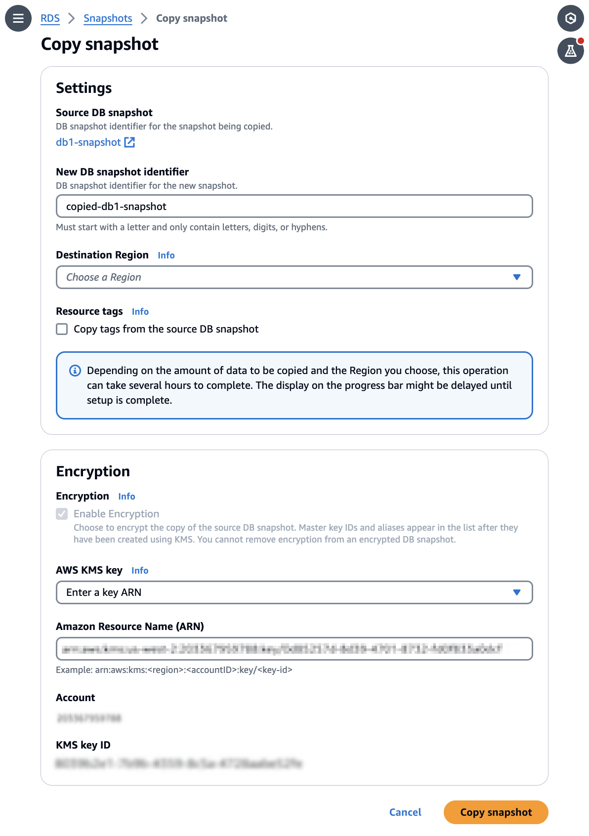 Halaman Salin snapshot di konsol Amazon RDS. Pengaturan dimuat di halaman.