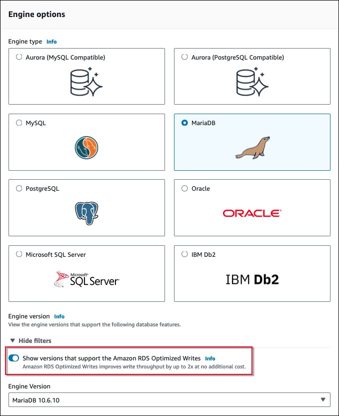 Bagian opsi Engine dengan filter Amazon RDS Optimized Writes diaktifkan untuk Versi Engine.