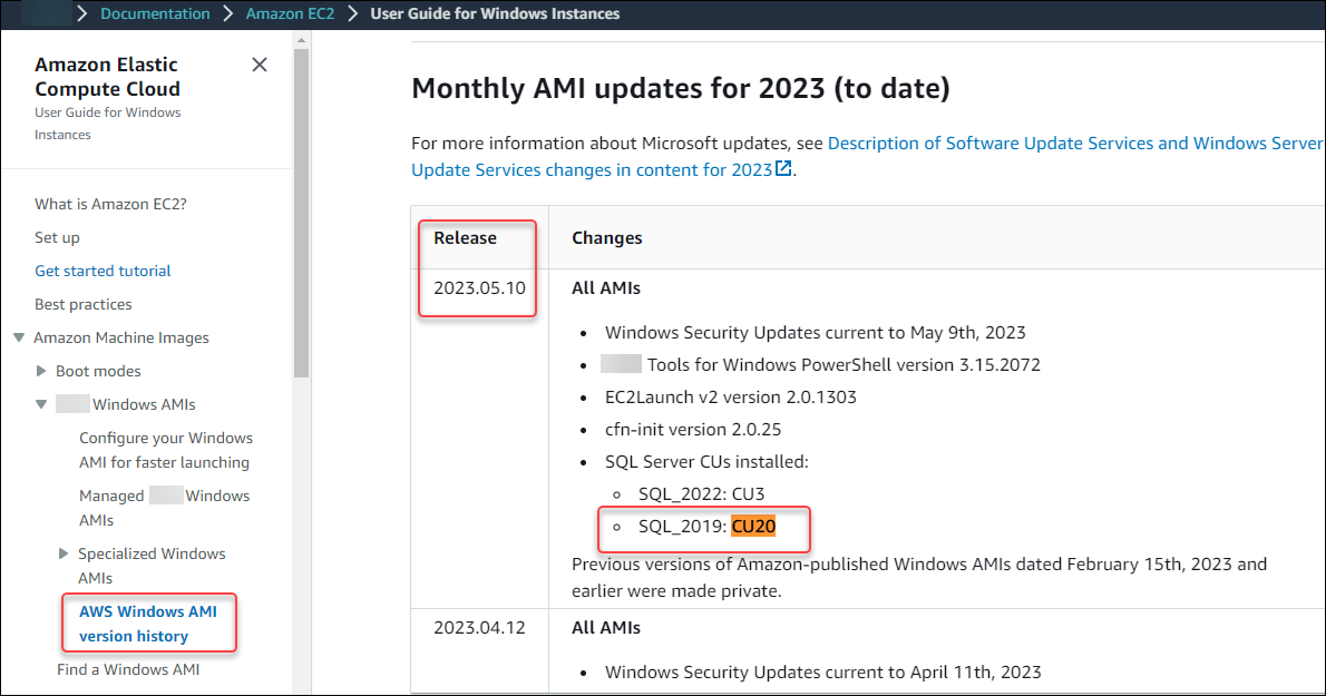 Hasil riwayat versi AMI untuk SQL Server 2019 CU20.