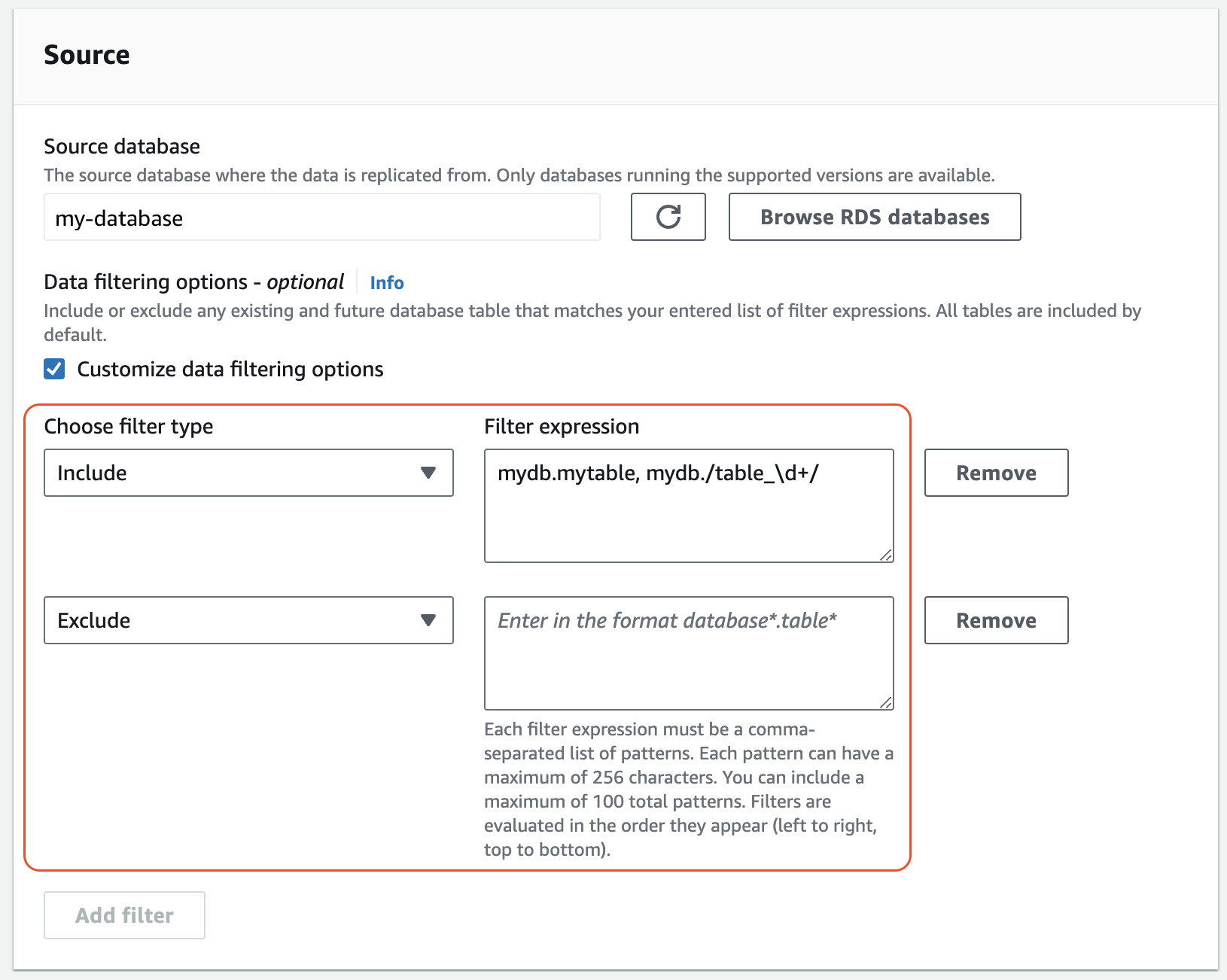 Filter data untuk integrasi nol-ETL di konsol RDS