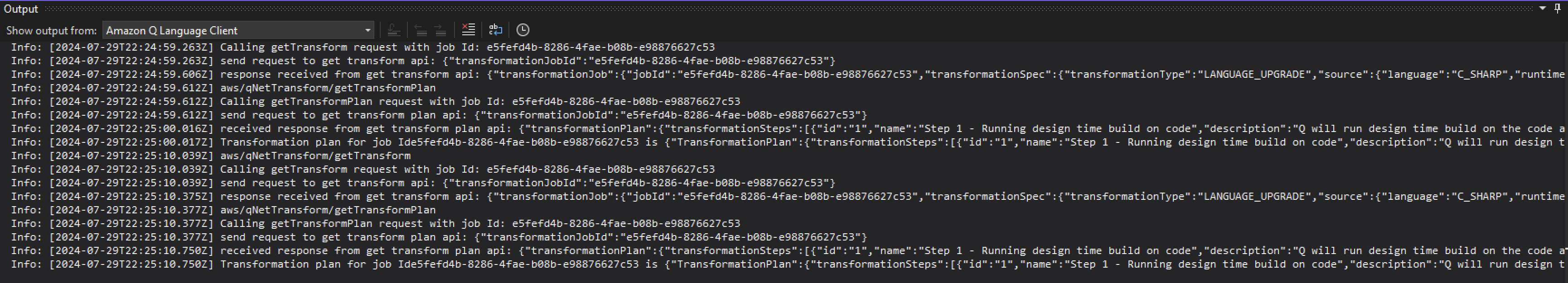 Screenshot dari Amazon Q Developer Code Transformation Hub, menampilkan output dari Amazon Q Language Client.