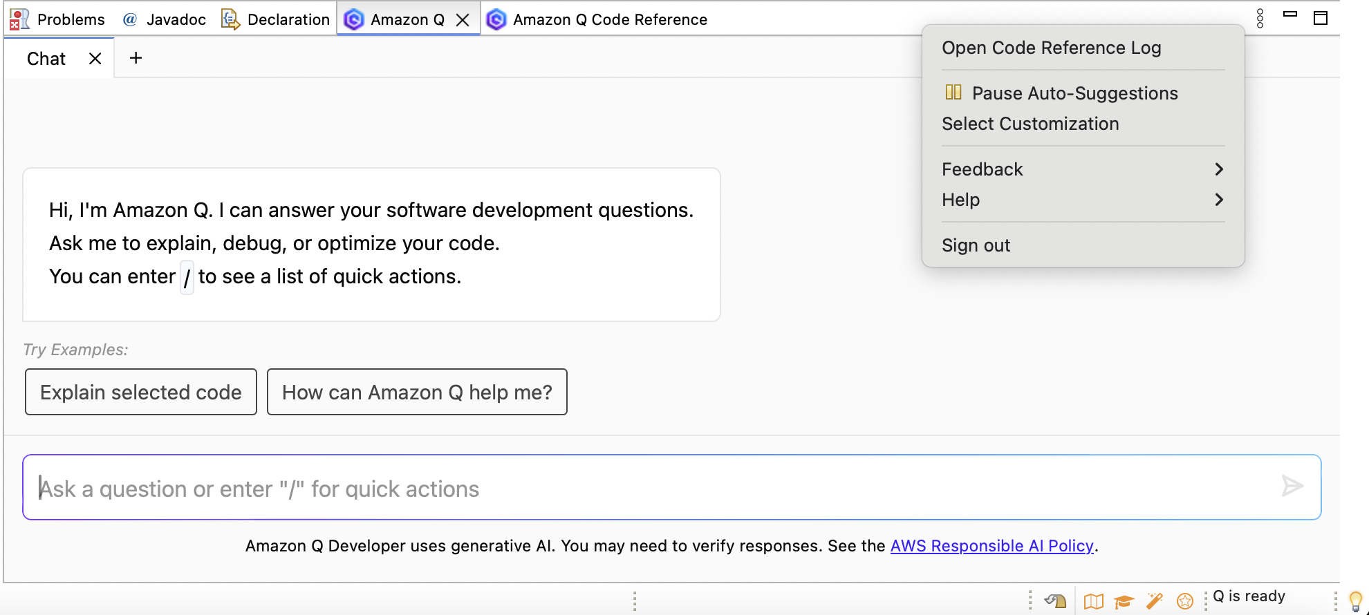 Bilah tugas Amazon Q di Eclipse IDE.