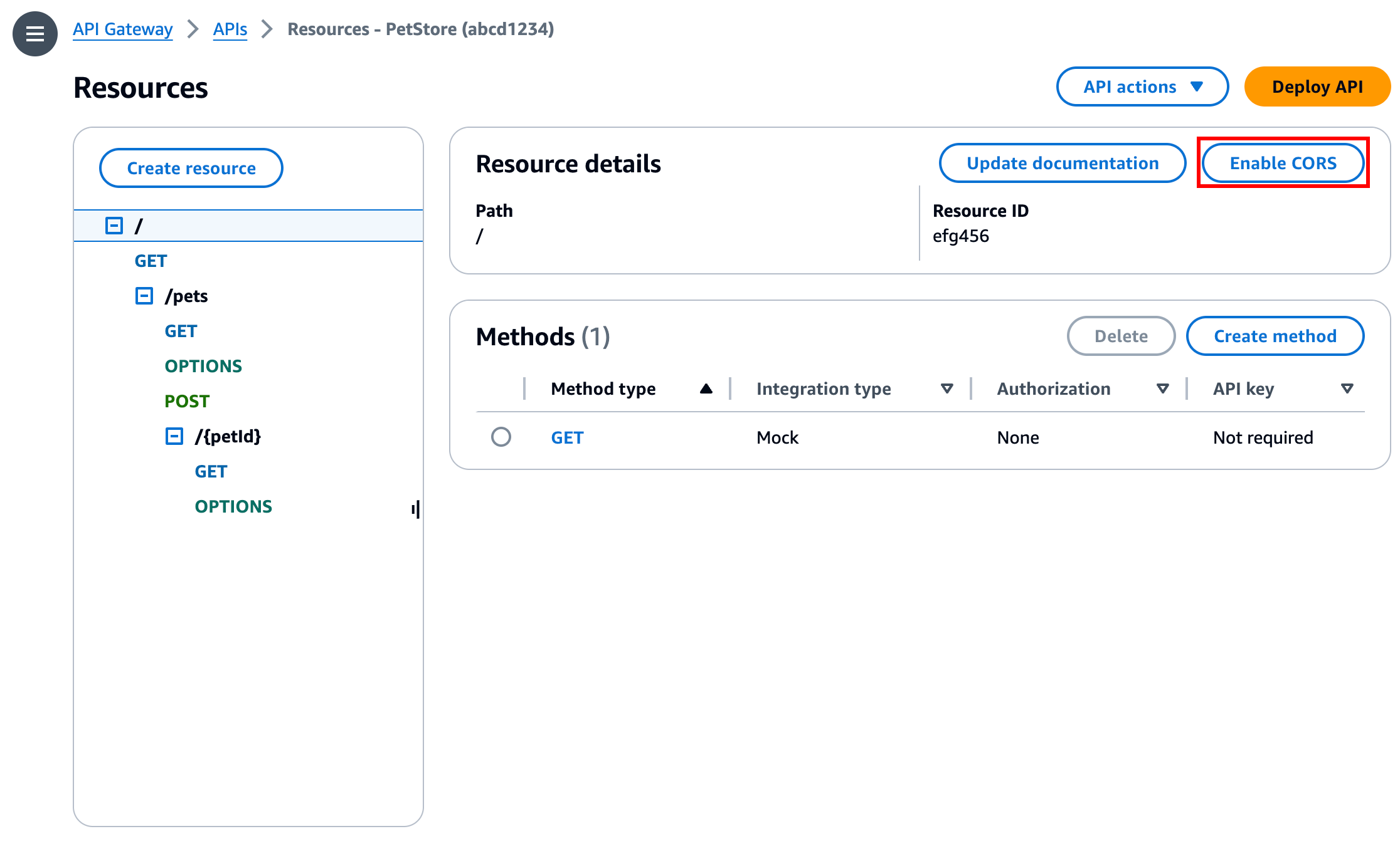 Di panel Resources, pilih Aktifkan CORS.