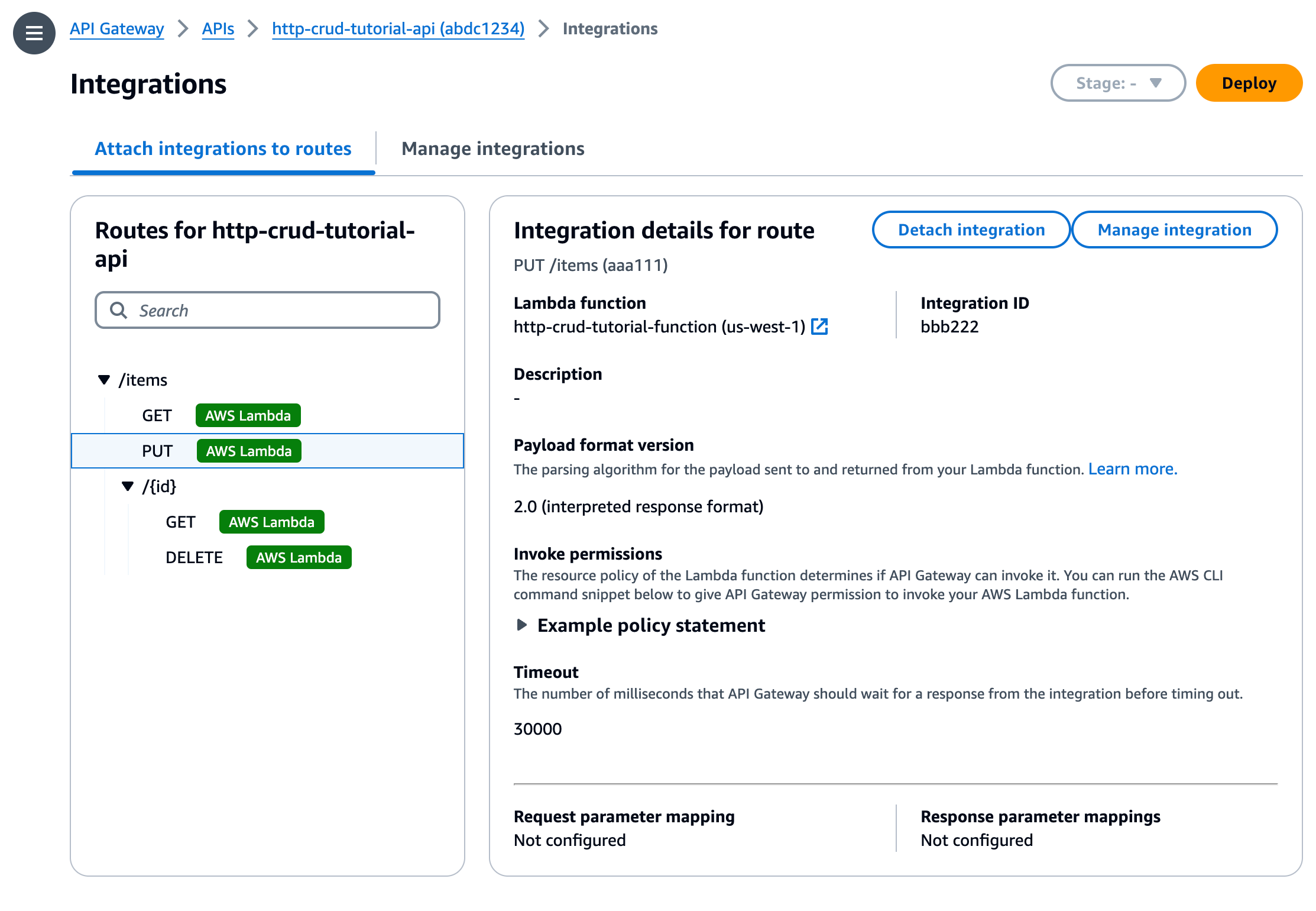 Konsol ditampilkan AWS Lambda di semua rute untuk menunjukkan bahwa integrasi Anda terpasang.