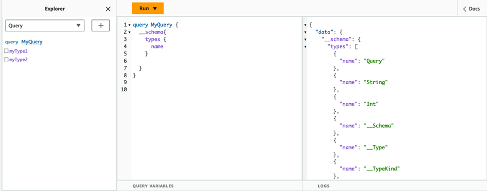 GraphQL schema explorer showing query structure with types and name fields.
