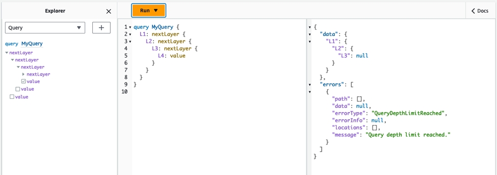 Query structure with nested layers L1, L2, L3, and L4, showing depth limit exceeded.