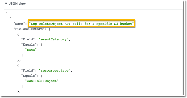 Tampilan JSON yang diperluas menampilkan pemilih acara tingkat lanjut