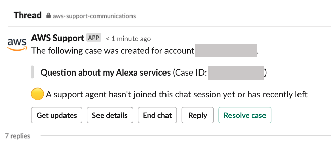 AWS Dukungan chat interface showing a new case about Alexa services with no agent joined yet.