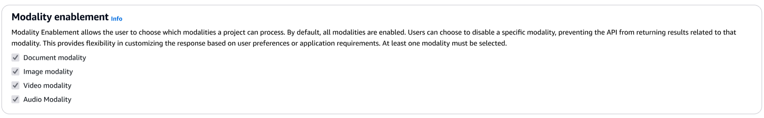 Modality enablement options with checkboxes for document, image, video, and audio.
