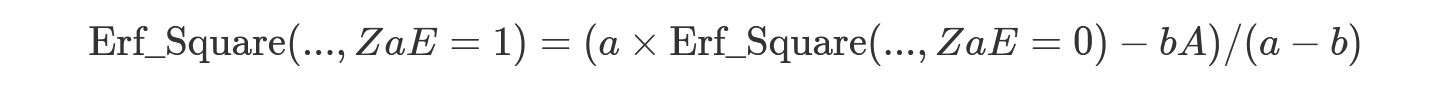 Persamaan matematika untuk distribusi Erf Square yang diskalakan ulang dengan parameter ZAE=1.