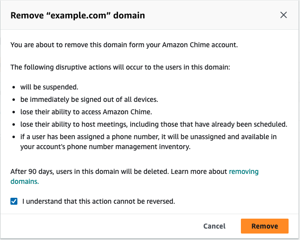 Menghapus domain akan mengatur ulang semua profil pengguna Anda. Konfirmasikan bahwa Anda memahami dampak penghapusan domain.