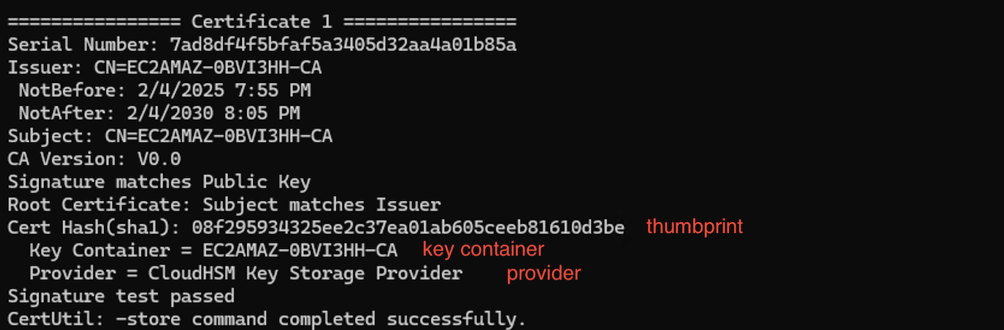 Hash sertifikat akan ditampilkan sebagai cap jempol, keycontainer, dan penyedia dalam output