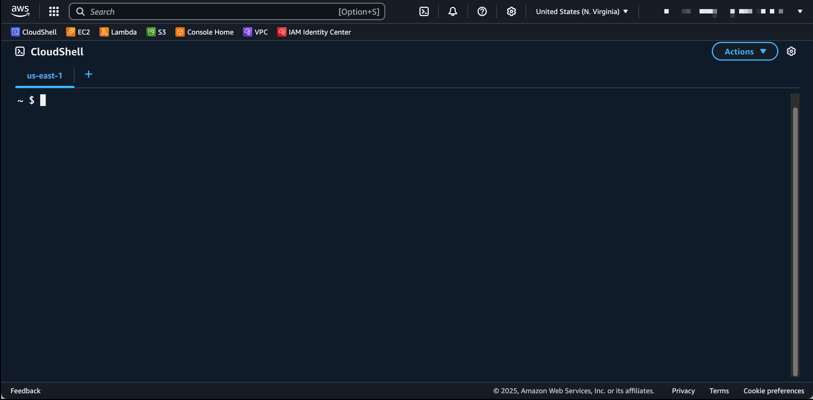 AWS CloudShell antarmuka setelah peluncuran