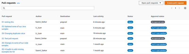 Membuat permintaan tarik dari halaman permintaan Tarik di CodeCommit konsol.