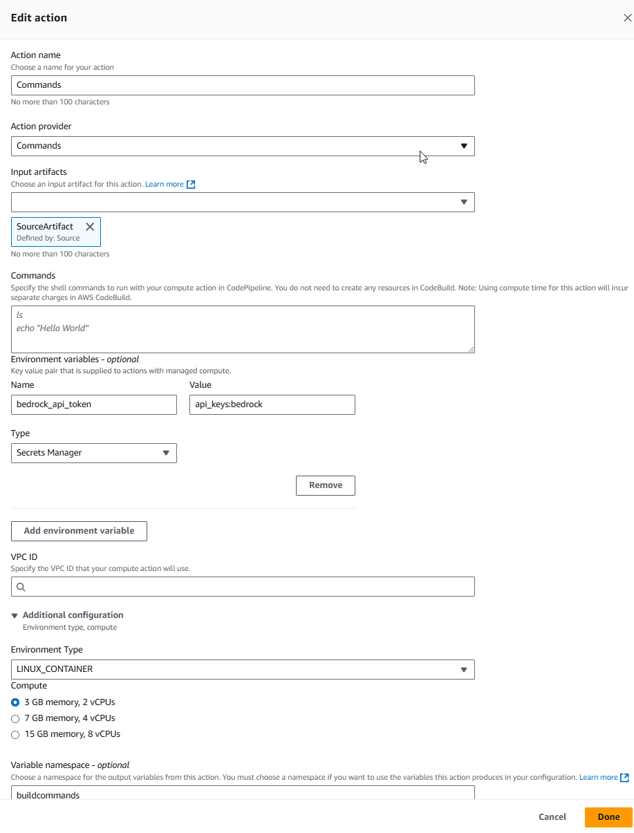 Halaman Edit tindakan untuk pipeline baru dengan tindakan Commands