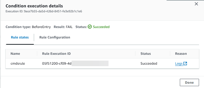 Halaman Status untuk pipeline dengan aturan Commands