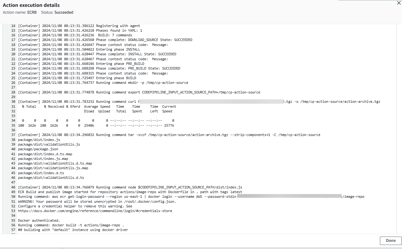Lihat log untuk tindakan build Amazon ECR di pipeline Anda.