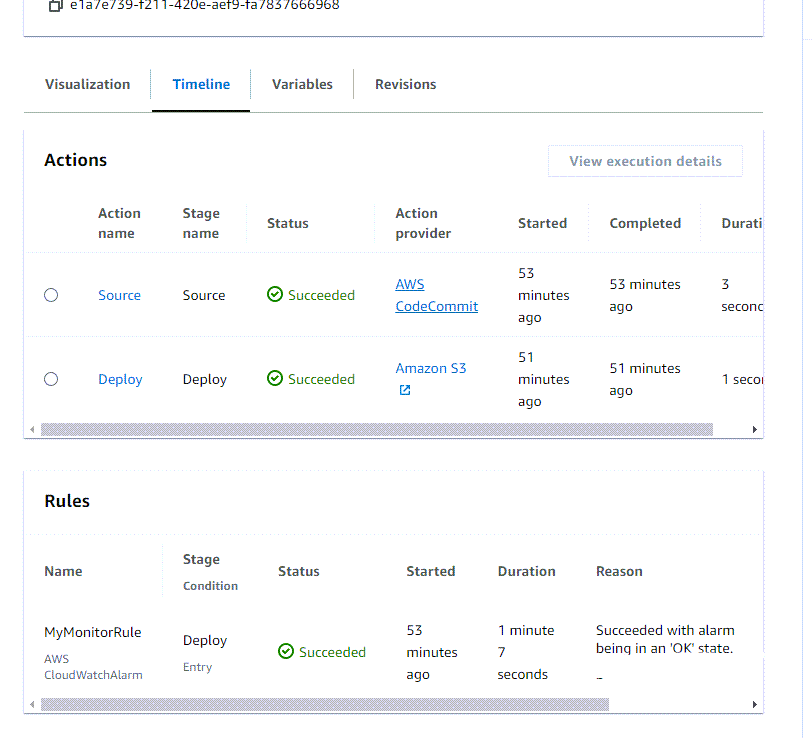 Contoh tab Timeline yang menunjukkan aturan monitor sebagai berhasil dalam proses sebelumnya.