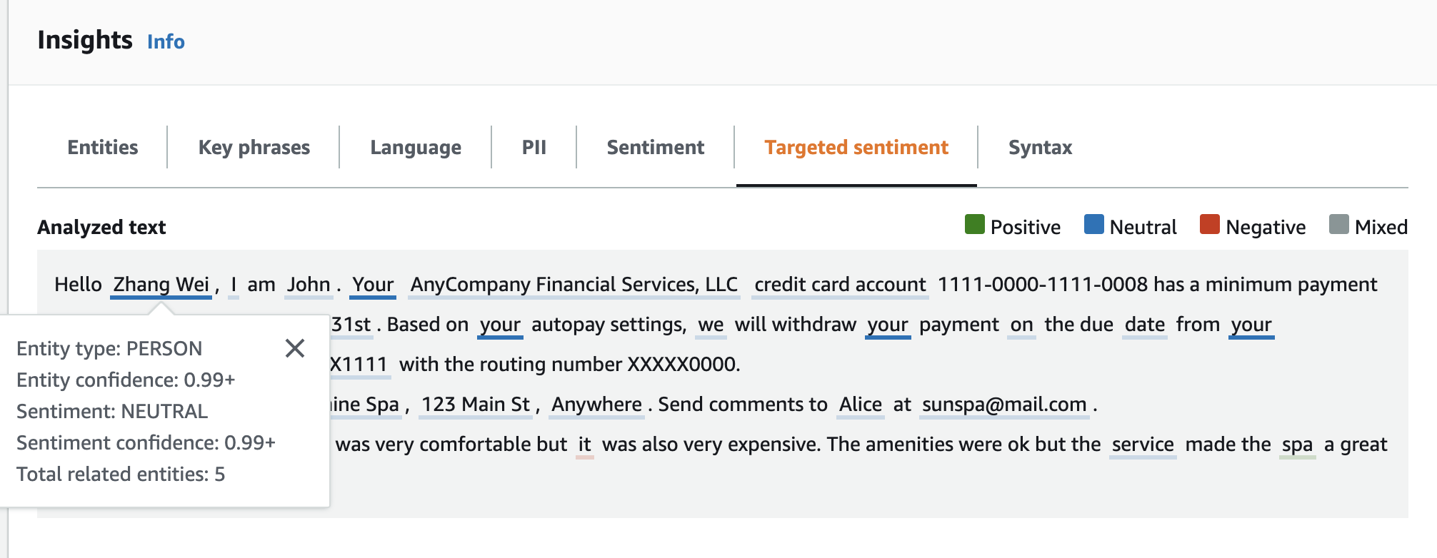 Tampilan konsol dari tab Sentimen yang ditargetkan.