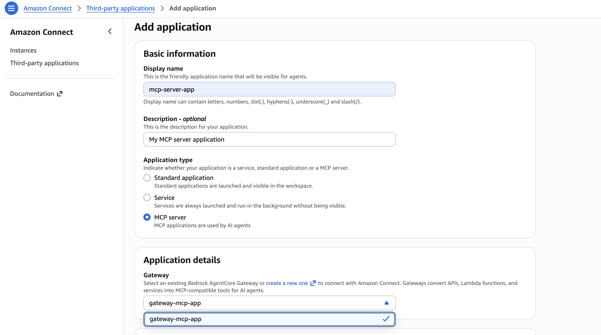 Bagian Detail aplikasi yang menunjukkan pemilihan gateway.
