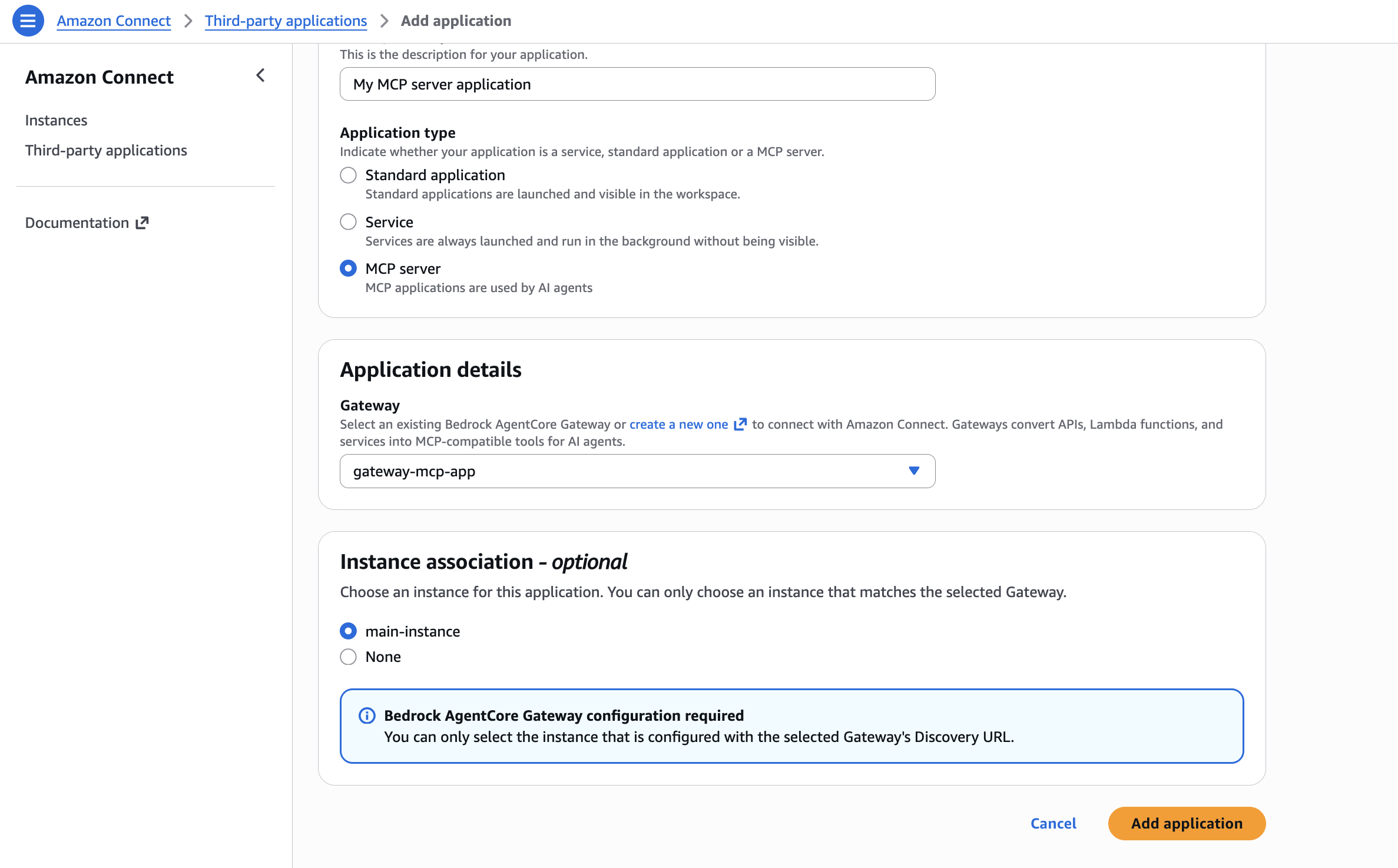 Bagian asosiasi Instance yang menampilkan opsi pemilihan instance.