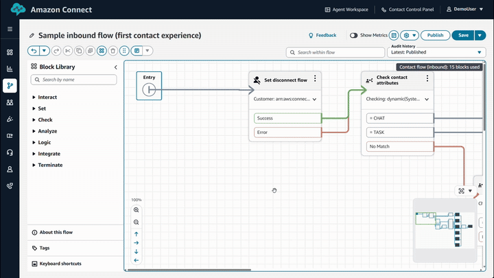 GIF yang menunjukkan cara menavigasi, memilih, dan memindahkan blok pada kanvas desainer aliran.