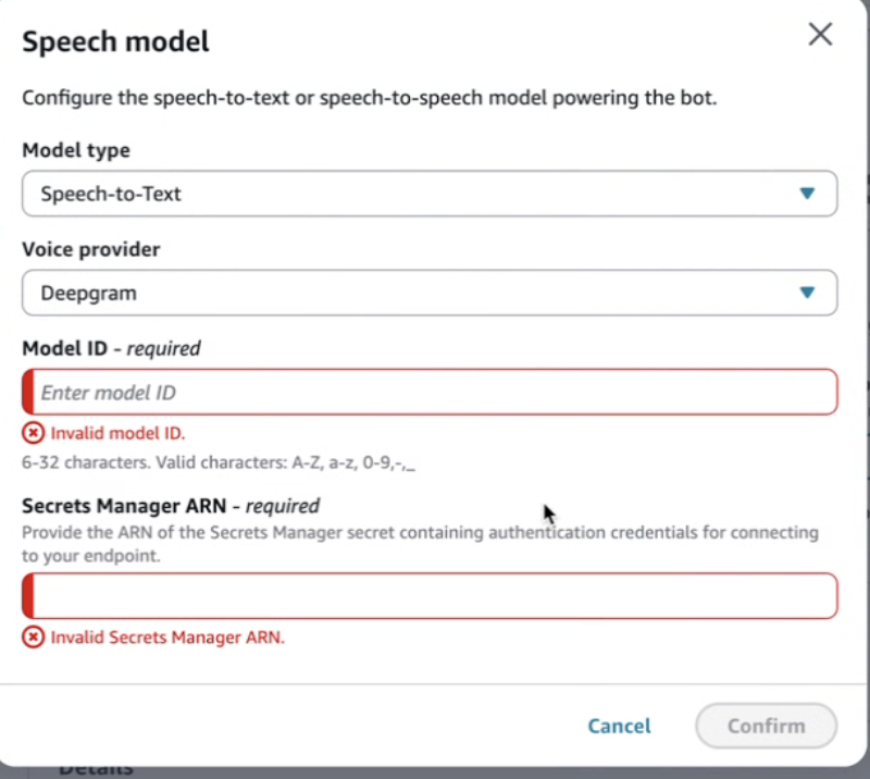 Kotak dialog model ucapan dengan Deepgram dipilih sebagai penyedia suara.