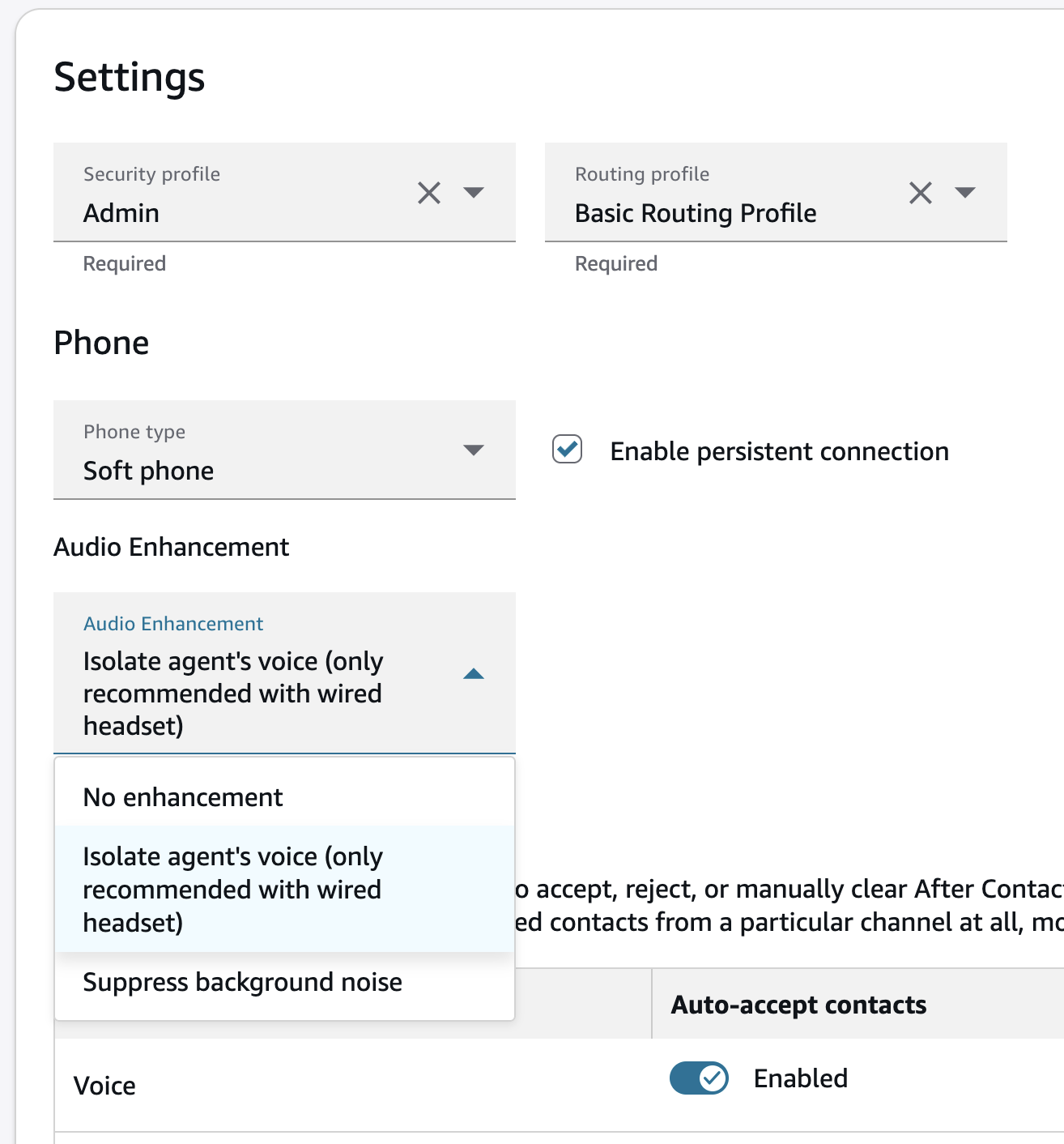 Dropdown Peningkatan Audio di panel edit pengguna.