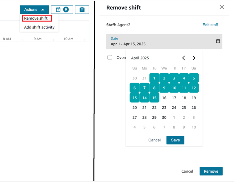 Beberapa shift untuk satu agen, opsi Hapus.