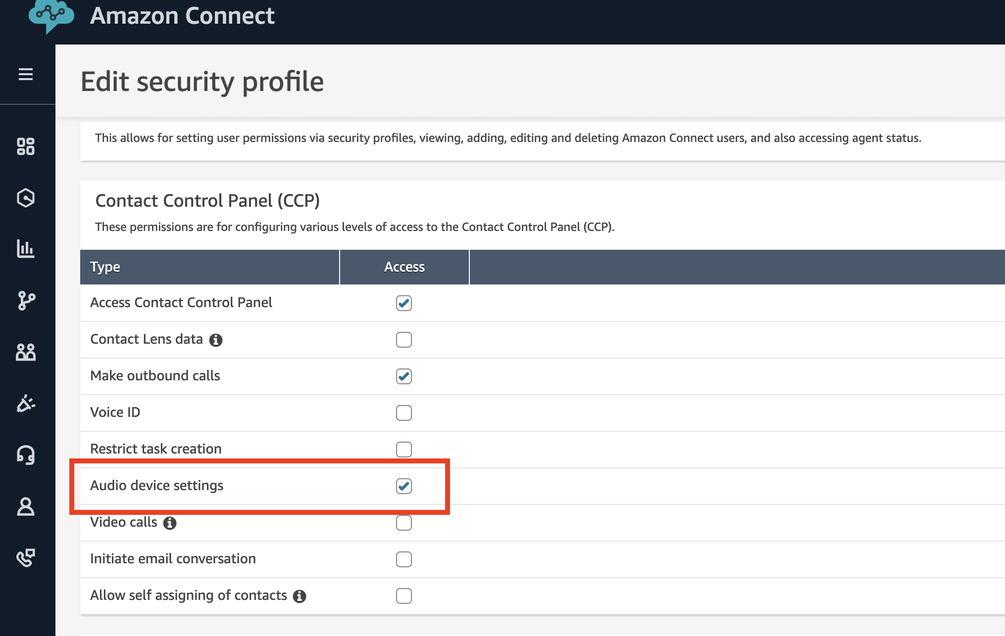 Izin pengaturan perangkat Audio di bagian Contact Control Panel (CCP) pada profil keamanan.