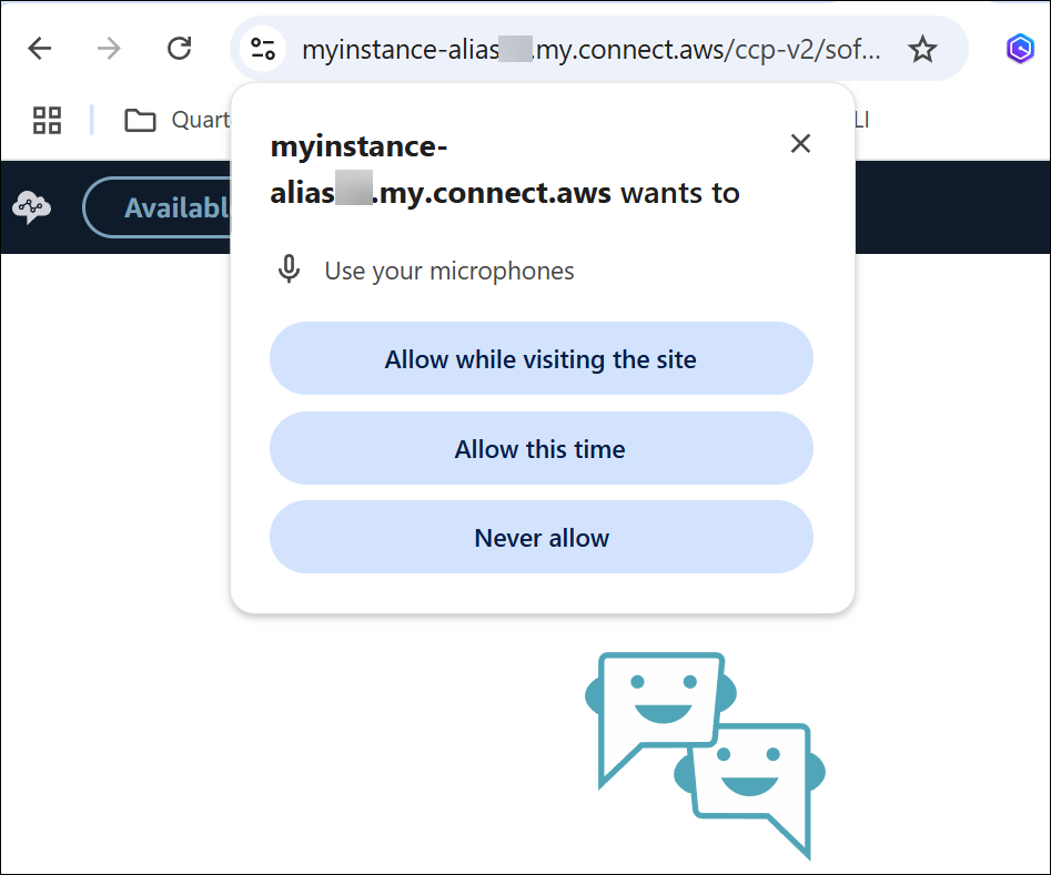 Permintaan browser untuk mengizinkan Amazon Connect mengakses mikrofon Anda.