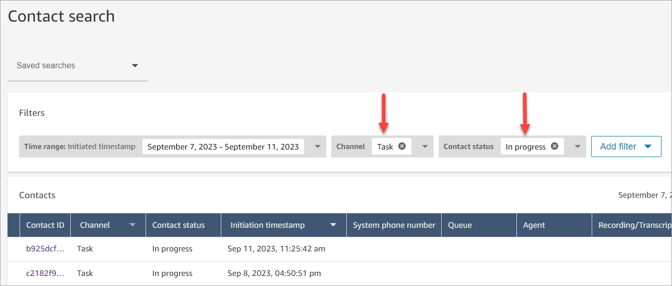 Halaman pencarian Kontak, filter tugas, filter status kontak.