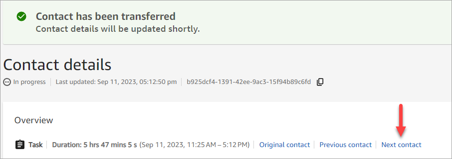 Halaman detail Kontak, kontak ditransfer berhasil.