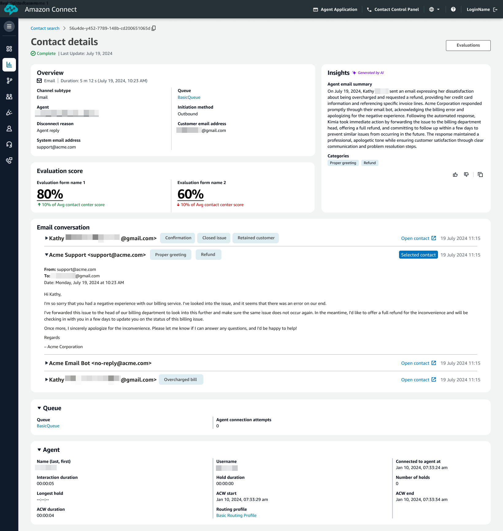 Contoh halaman detail kontak dengan analisis percakapan untuk kontak email.
