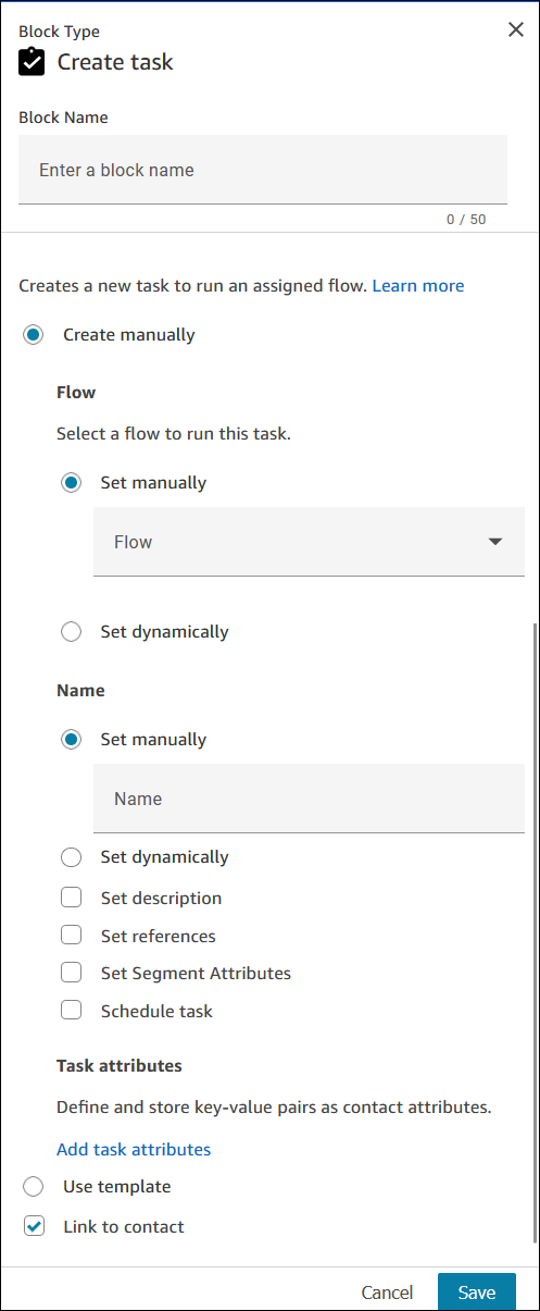 Halaman properti dari blok Create task, opsi Create manual.