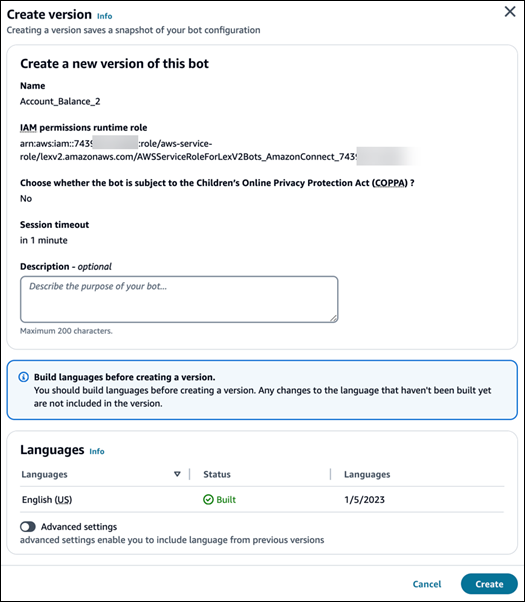 Kotak dialog Buat versi.