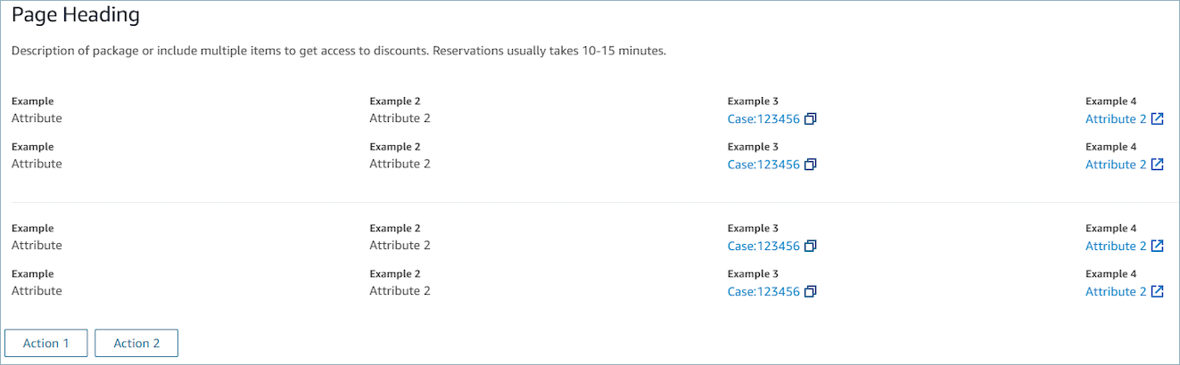 Tampilan Detail, dengan judul halaman, deskripsi, dan empat contoh dengan atribut.