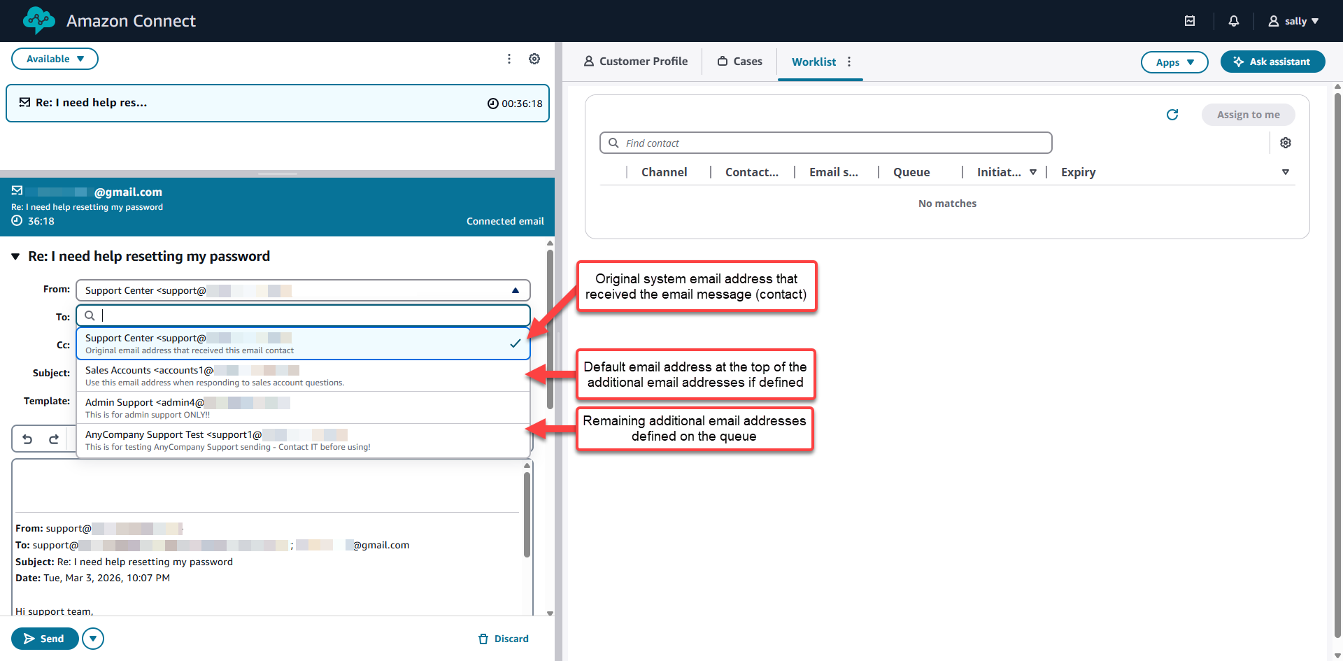 Dropdown Dari alamat saat membalas email masuk, menampilkan alamat email asli yang menerima kontak berlabel di bagian atas, diikuti dengan alamat antrian default dan alamat tambahan.