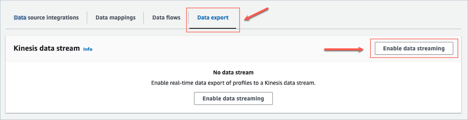 Ekspor data real-time memungkinkan aliran data Kinesis.
