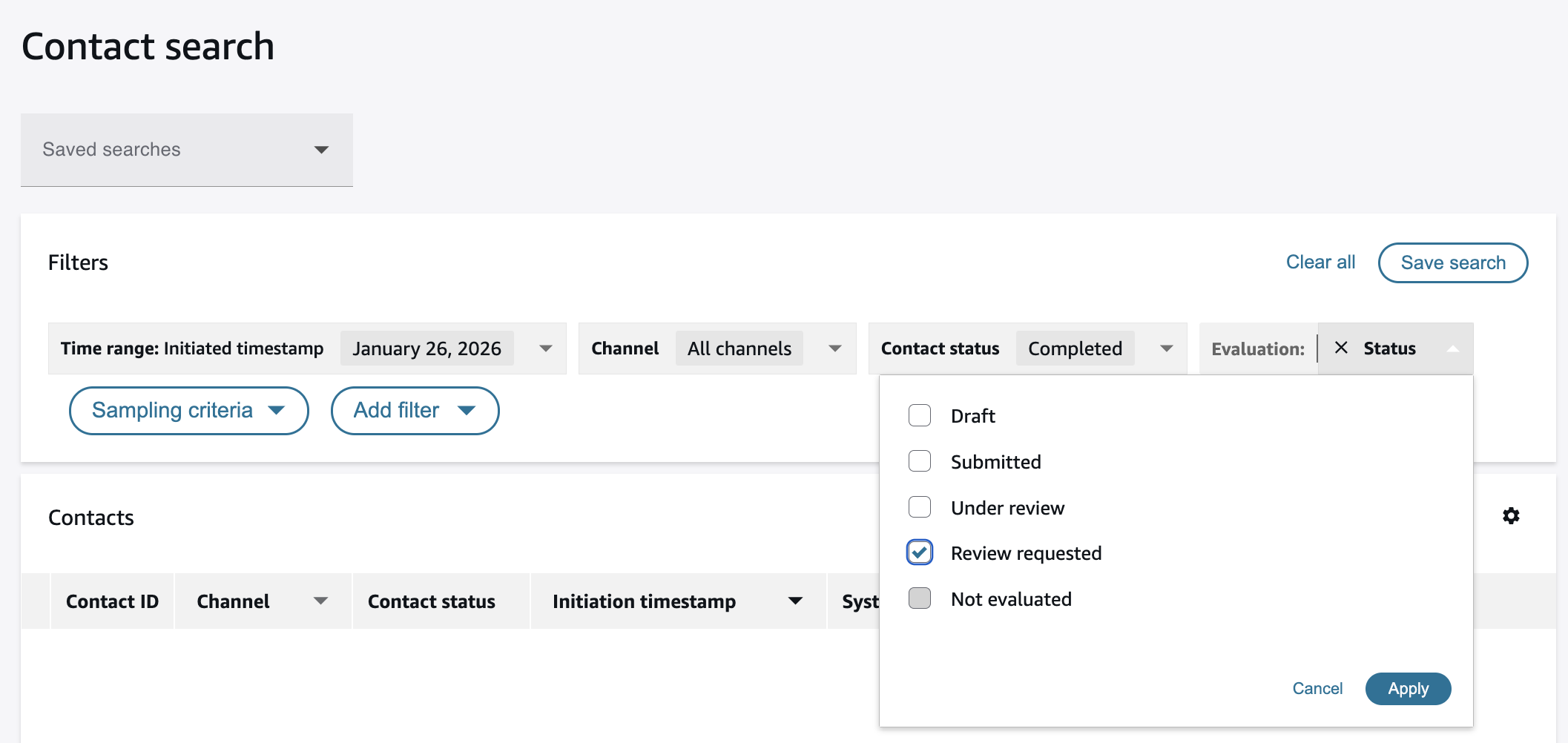 Pencarian kontak dengan filter status evaluasi