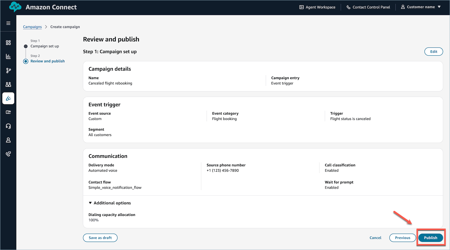 Layar tinjauan akhir untuk konfigurasi kampanye yang dipicu peristiwa dengan tombol Publikasikan.
