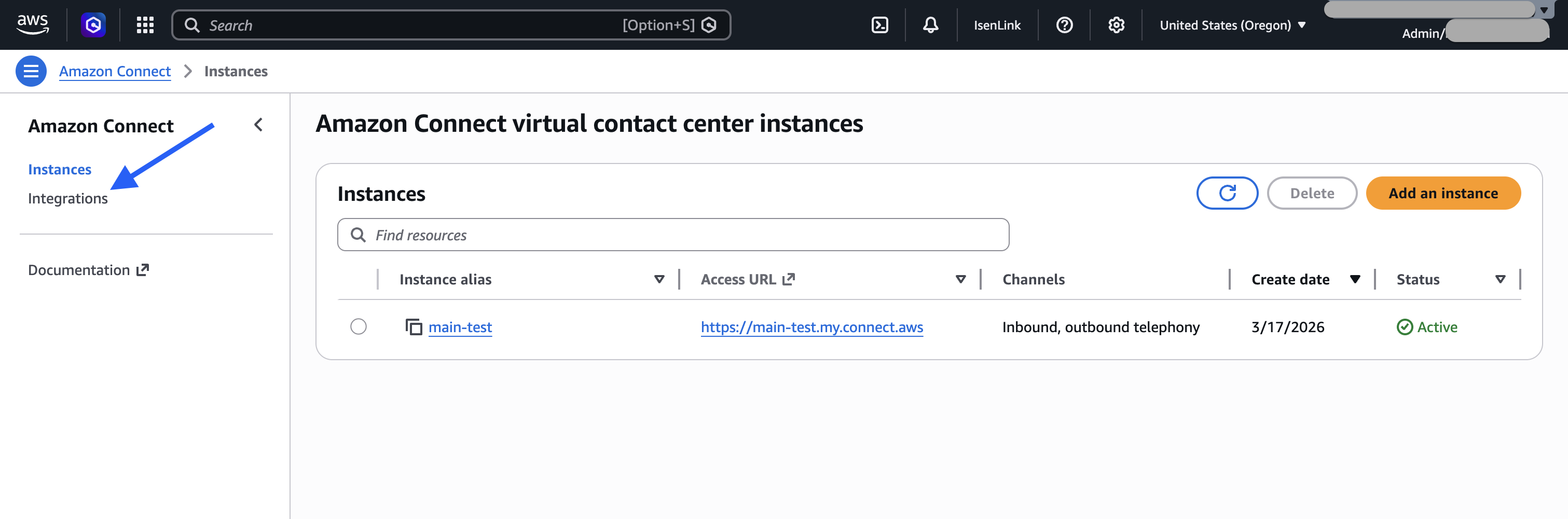 Konsol Amazon Connect, item menu Integrasi.