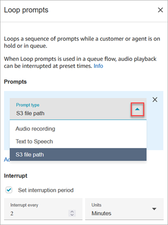 Halaman properti dari blok prompt Loop, daftar dropdown jenis prompt.