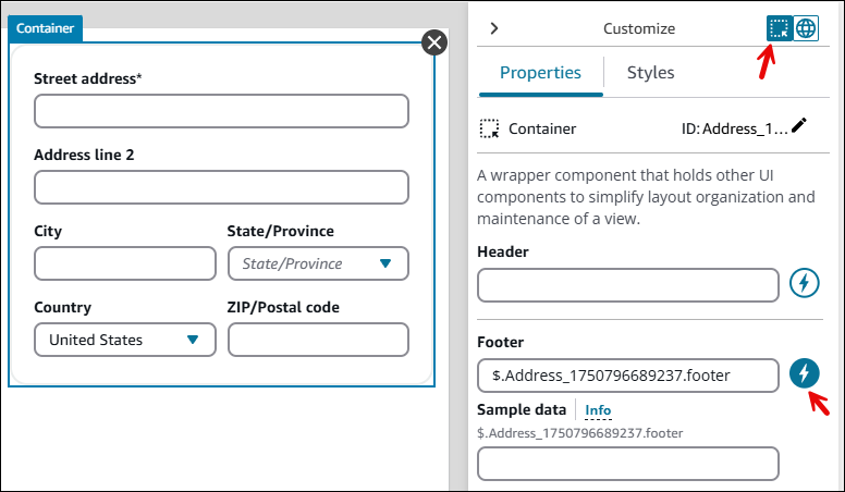 Panel Customize, tab Properties, ikon dinamis.