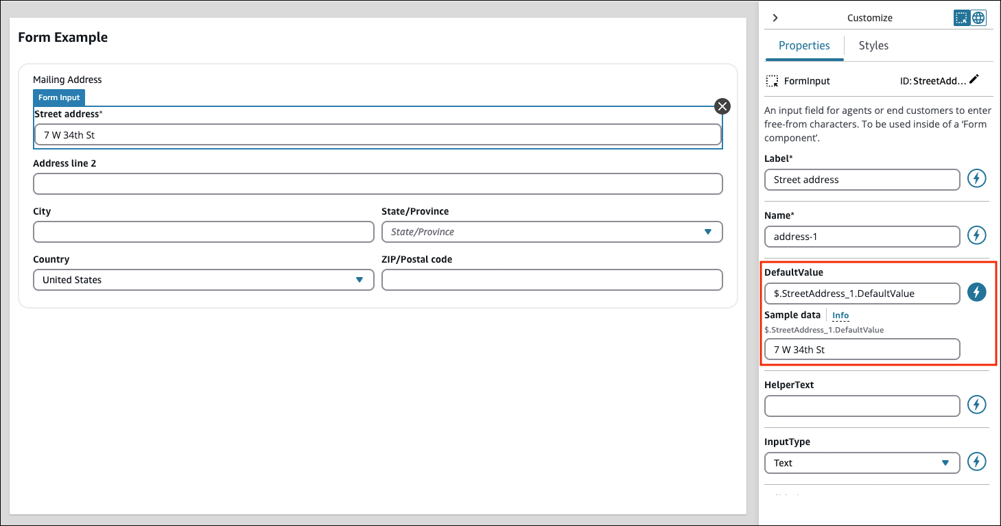 Bagian data DefaultValue dan Sampel dari panel Customize.