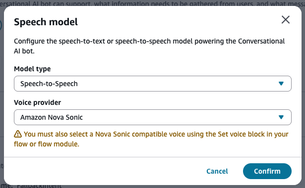 Jenis model dropdown menampilkan opsi Speech-to-Speech